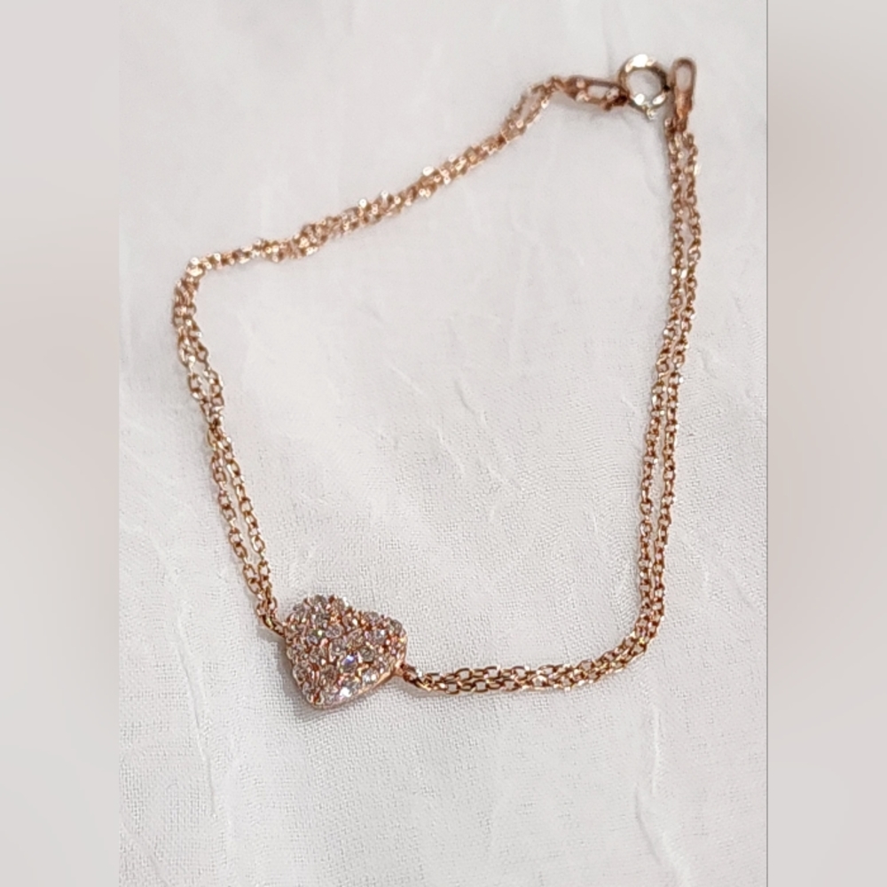 Sterling Rose Gold Vermeil & CZ Heart Double Link Bracelet 7"